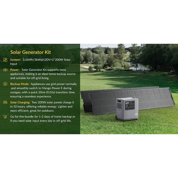 Mango Power E 3.5kw Portable Power Station- Solar Generator Kit with 2x200W Solar Panels MPE2x36V/200WSP - main